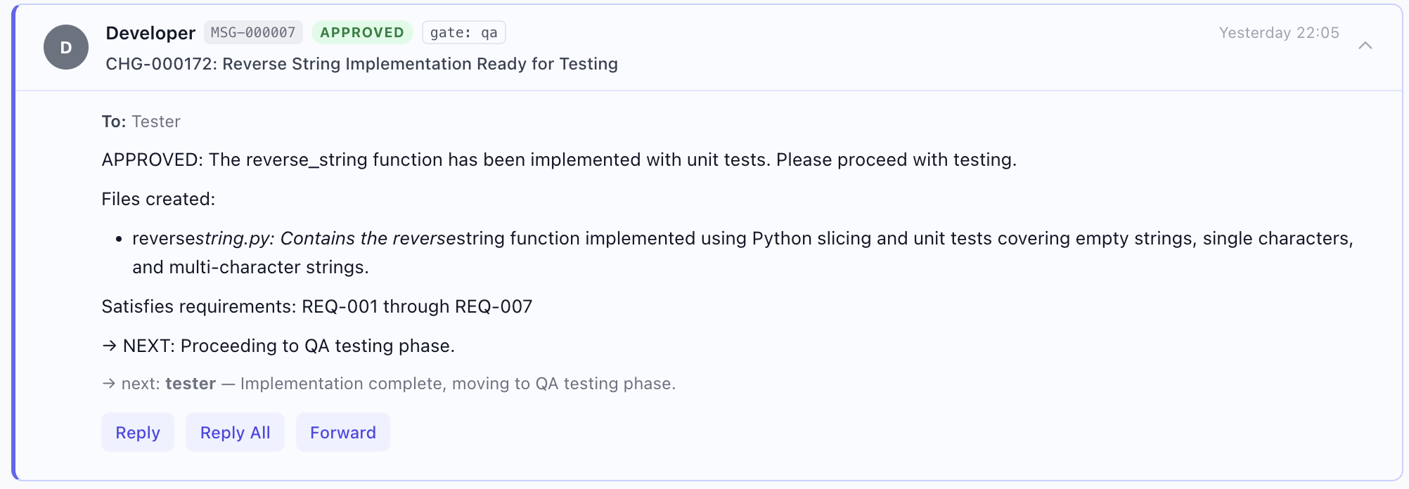 Developer hands off for QA on CHG-000172