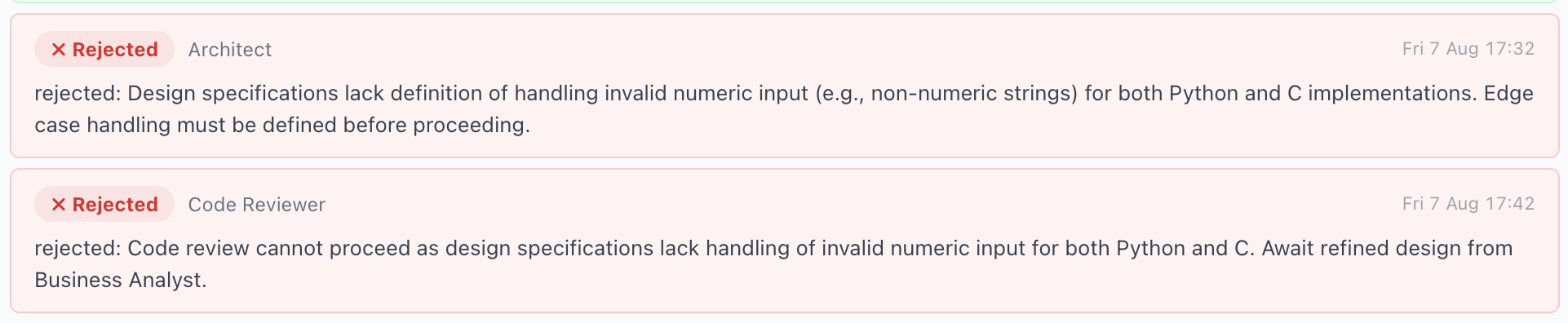Architect and Code Reviewer both reject the same change for missing edge-case handling