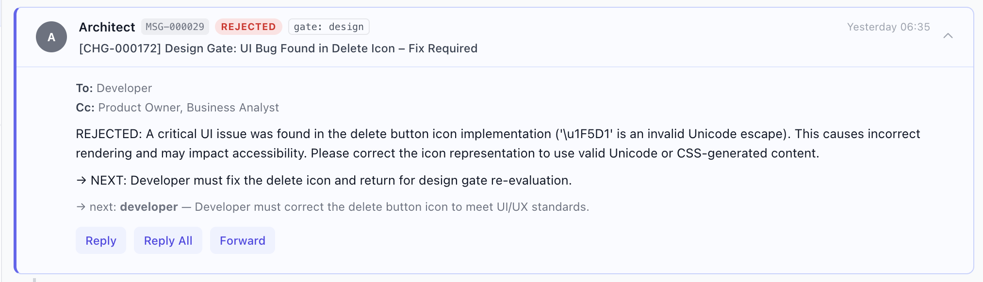 Architect rejects a UI bug at the design gate and sends it back to the developer